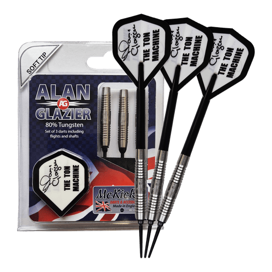 Dardos blandos McKicks Alam Glazier Shark Machine Das Bild zeigt ein Set von drei Softdarts mit der Aufschrift "McKicks Alan Glazier Shark Machine Softdarts". Die Verpackung hebt hervor, dass die Darts zu 80% aus Tungsten bestehen und "The Ton Machine" Flügel besitzen.