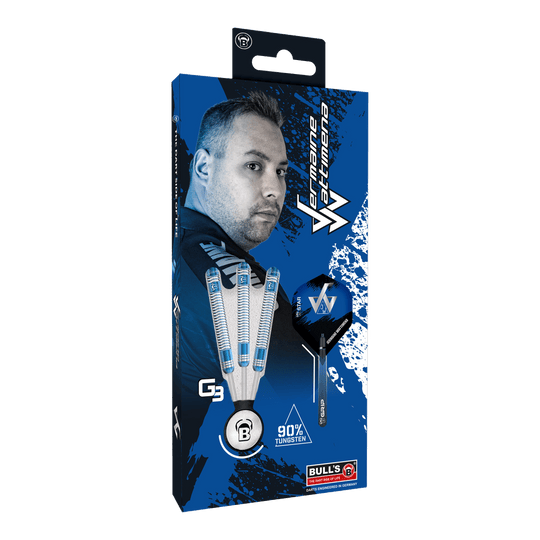Dardos de acero Bulls Jermaine Wattimena Generation 3 Die Verpackung zeigt die Bulls Jermaine Wattimena Generation 3 Steeldarts mit 90% Tungsten. Auf der Vorderseite ist ein Bild von Jermaine Wattimena und die drei Darts abgebildet.