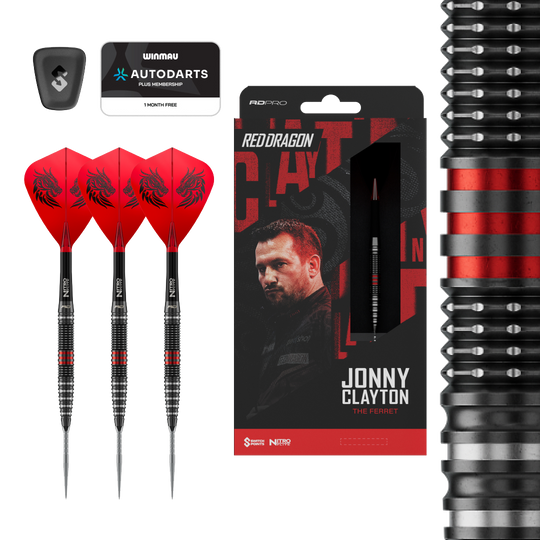 Dieses Bild zeigt die Red Dragon Jonny Clayton RD-PRO Switch Point Steeldarts. Die Darts liegen auf einem hellen Hintergrund.