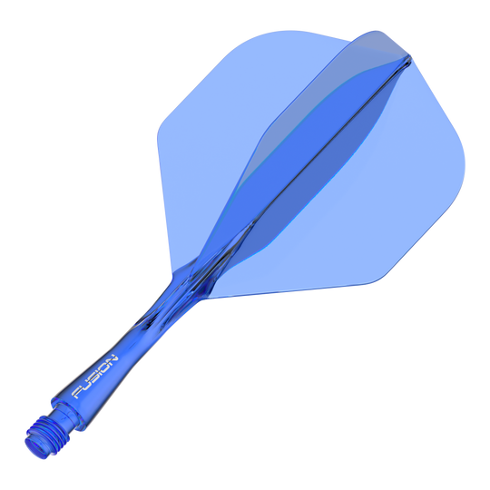 Sistema de eje de vuelo Winmau Fusion azul estándar Das Bild zeigt ein blaues Dart-Flightsystem mit integriertem Schaft. Auf dem Schaft steht das Wort "FUSION".