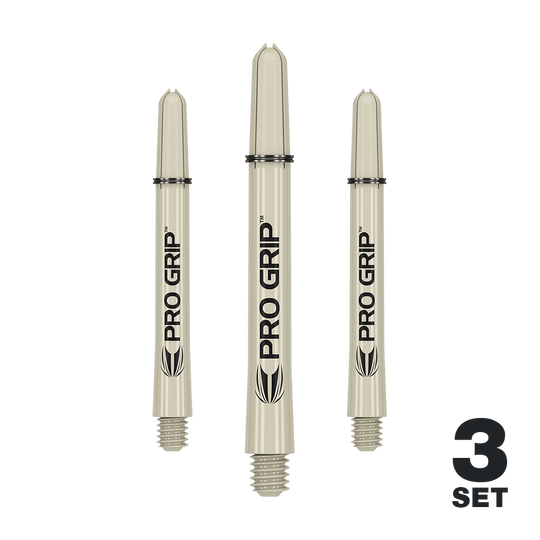 Auf dem Bild sind drei sandfarbene Pro Grip Dartschäfte zu sehen. Unten rechts steht "3 Set", was auf ein Set aus drei Stück hinweist.
