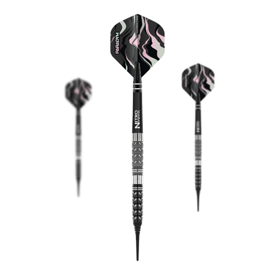 Dardos blandos cónicos Red Dragon Paradym - 20 g Das Bild zeigt drei Red Dragon Paradym Tapered Softdarts mit einem Gewicht von 20g. Die Flügel der Darts haben ein auffälliges schwarzes, pinkes und weißes Muster.