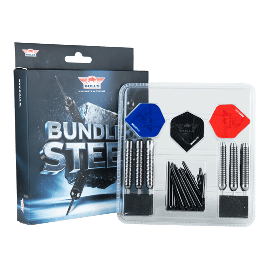 Paquete de dardos de acero Bulls NL - 4 juegos de dardos de acero de latón Das Bild zeigt das Produkt Bulls NL Bundle Of Steel - 4 Sets Brass Steeldarts. Es handelt sich um ein Set aus vier Messing-Steeldart-Sets.