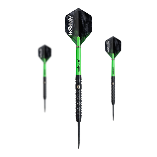 dardos de acero Unicorn Wraith Auf dem Bild sind drei Unicorn Wraith Steeldarts zu sehen. Die Darts haben schwarze Spitzen, grüne Schäfte und schwarze Flights mit der Aufschrift "WRAITH".
