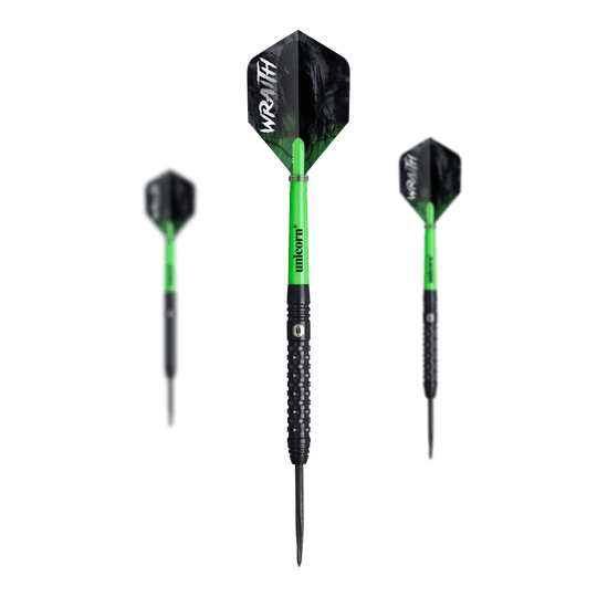dardos de acero Unicorn Wraith Das Set Unicorn Wraith Steeldarts ist zusammen abgebildet. Das Produkt wirkt hochwertig.