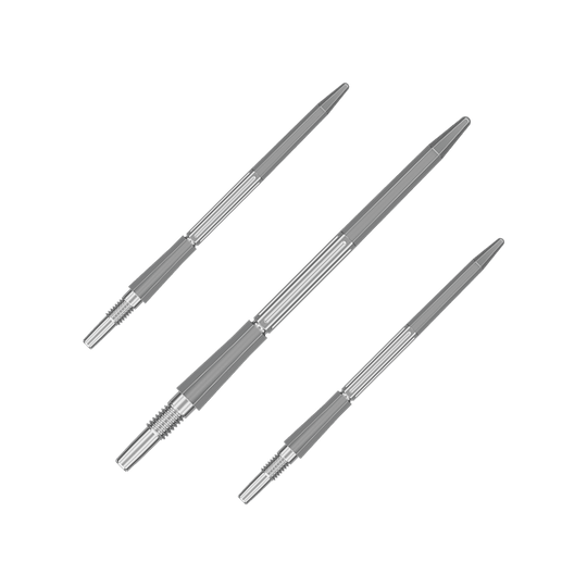 Das Bild zeigt ein Set der Target Elysian Archetype 43 SwissPoint Dartspitzen in Silber mit 42 mm Länge. Die Spitzen sind geeignet für professionelle Dartspiele.