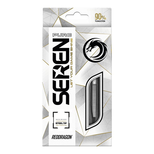 Red Dragon Seren 4 Dardos de Acero Puro Die Verpackung zeigt die „Red Dragon Seren 4 Pure Steeldarts“. Die Darts bestehen zu 90 % aus Tungsten und haben eine Stahlspitze.