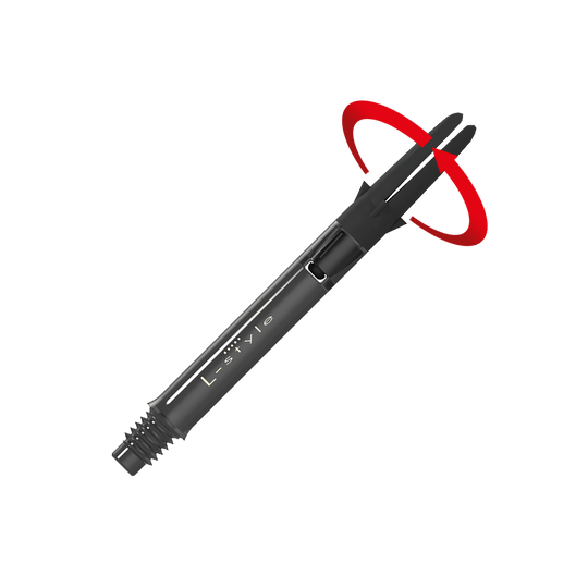 Das Bild zeigt einen schwarzen Dart-Schaft aus Carbon der Marke L-Style. Am oberen Ende ist ein roter, drehender Bewegungseffekt dargestellt.