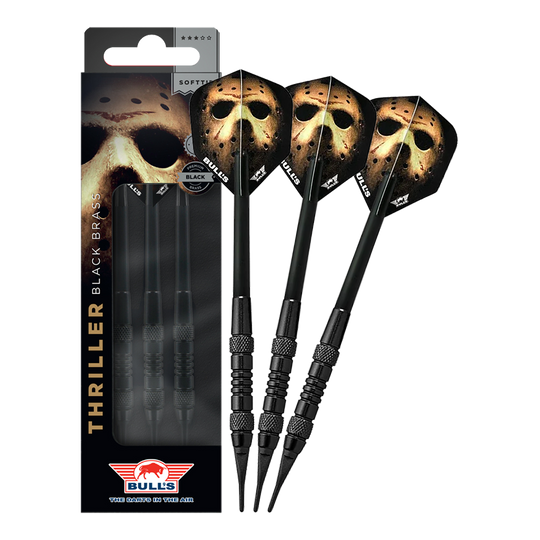 Das Bild zeigt Bulls NL Thriller Black Brass Softdarts mit 18 Gramm. Diese Softdarts zeichnen sich durch ihre schwarze Optik aus.