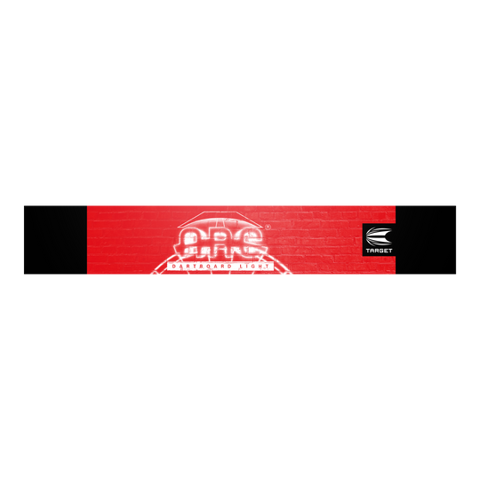 Iluminación para diana Target ARC V2 Das Bild zeigt die Verpackung der "Target ARC V2 Dartboard Beleuchtung". Auf rotem Hintergrund ist das ARC-Logo und das Target-Logo sichtbar.