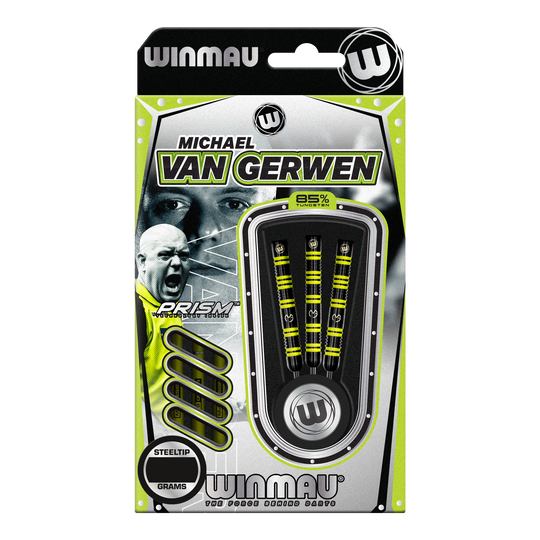 Dardos de acero Winmau Michael Van Gerwen 85 Pro-Series Das Bild zeigt eine Packung Winmau Michael Van Gerwen 85 Pro-Series Steeldarts. In der Verpackung sind drei Dartpfeile mit gelb-schwarzem Design sichtbar.