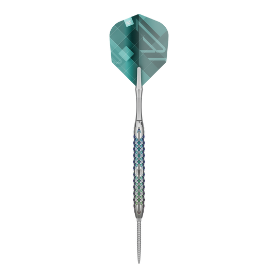 Dardos de acero Target Rove 01 Swiss Point Das Bild zeigt den Target Rove 01 Swiss Point Steeldart. Der Dart hat ein silbernes Barrel mit einem blauen Muster und grüne Flights.