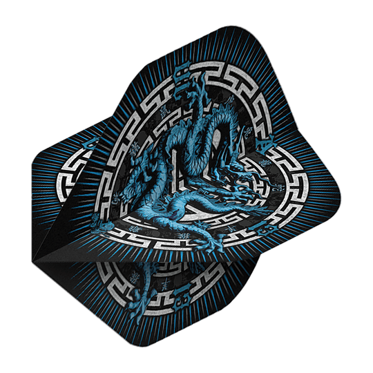 Dieses Bild zeigt die "Alchemy Year Of The Dragon No2 Standard Flights". Auf den Flights ist ein blauer Drache mit asiatischem Muster auf schwarzem Hintergrund abgebildet.