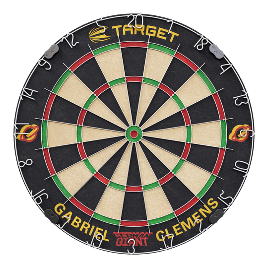 Juego de dardos de acero Target Gabriel Clemens Dies ist eine Steeldartscheibe mit dem Namen "Target Gabriel Clemens Steeldartboard Set". Auf der unteren Seite sind die Wörter "Gabriel Clemens" und "German Giant" zu sehen.