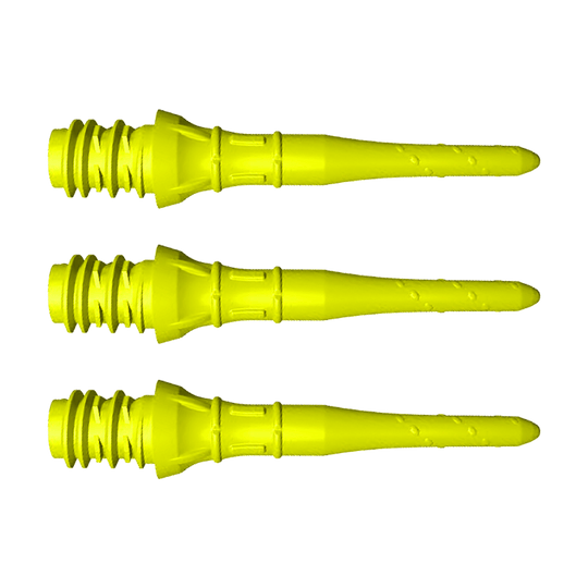 LIP40_L-Style_Premium_Lippoints_Short_Neongelb_1 Das Bild zeigt drei kurze, neon-gelbe Dartspitzen, die nebeneinander liegen. Sie haben ein Schraubgewinde und sind für Soft-Darts geeignet.