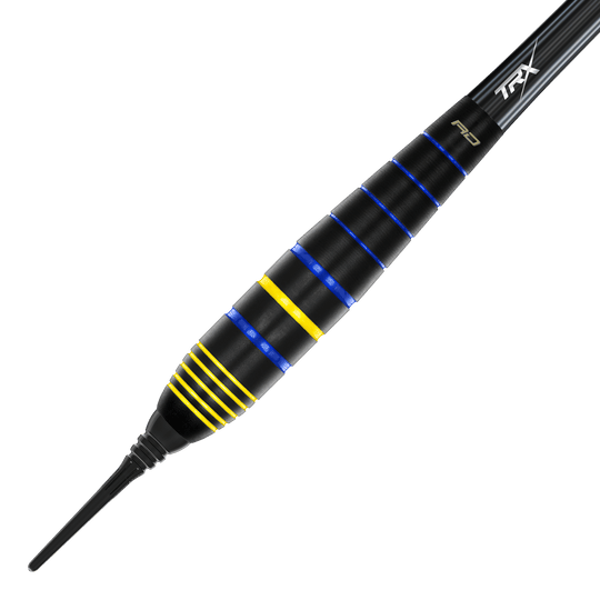 Dardos blandos de latón Red Dragon Luke Humphries, campeón mundial, 20 g Das Bild zeigt den Red Dragon Luke Humphries World Champion Brass Softdart mit einem Gewicht von 20g. Der Dart ist schwarz mit blauen und gelben Rillen verziert.