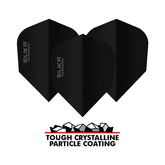 Vuelo negro No6 con revestimiento cristalino resistente sólido de sílice de Harrows Das Bild zeigt drei schwarze Dart-Flights der Marke Harrows Silika mit der Aufschrift "SILIKA HARROWS". Unter den Flights befindet sich ein Logo mit der Aufschrift "TOUGH CRYSTALLINE PARTICLE COATING".