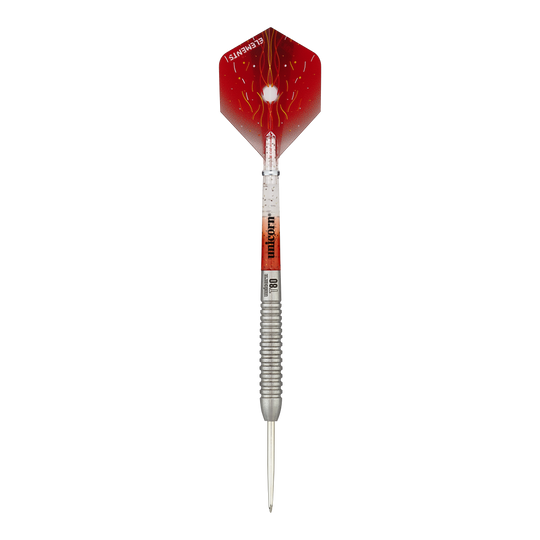 Dardos de acero Unicorn Core XL Striker Style 5 Das Bild zeigt einen Unicorn Core XL Striker Style 5 Steeldart. Der Dart hat einen silbernen Schaft und eine rot designte Flights.