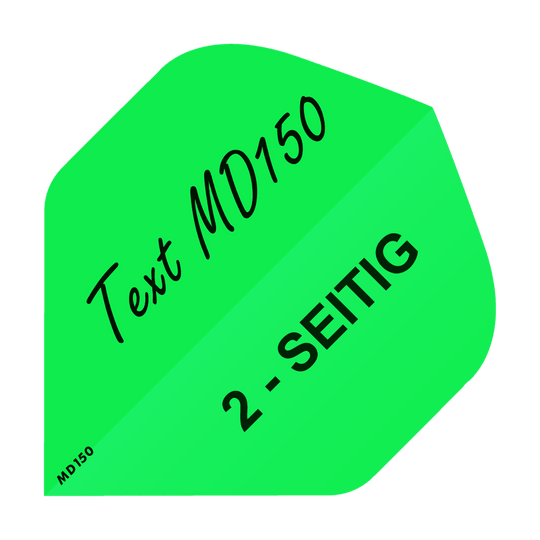 MD-203_2-Seitig_Bedruckte_Flights_Wunschtext_MD150_Neongr-n_Standard_1 Das Bild zeigt ein neon-grünes Quadrat mit dem Text „Text MD150“ und „2-SEITIG“ darauf. In der unteren linken Ecke steht klein „MD150“.
