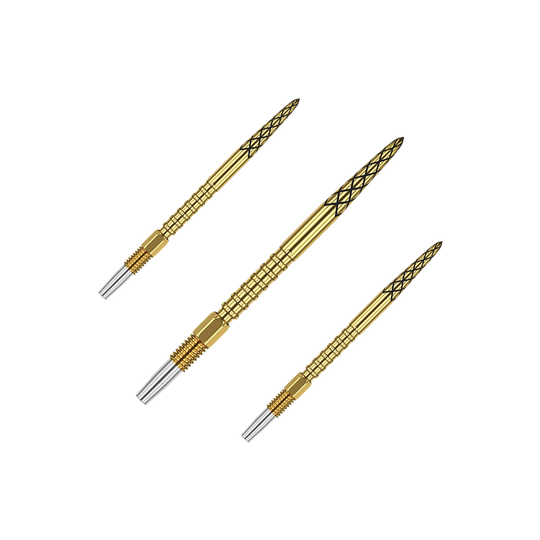 Puntas de dardo Target Swiss DS Surge Point - Oro Das Bild zeigt drei goldene Dartspitzen mit silbernen Enden. Die Spitzen haben ein Rautenmuster und sind 30 mm lang.