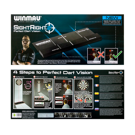 8207_Winmau_SightRight2_3 Das Bild zeigt die Verpackung des Produkts "Winmau SightRight 2" zur Verbesserung der Dart-Genauigkeit. Auf der Rückseite werden vier Schritte zur perfekten Dart-Sicht erklärt.