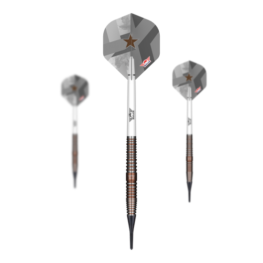 Dardos blandos Bulls NL Max Hopp E5 - 20 g Das Bild zeigt die Bulls NL Max Hopp E5 Softdarts mit einem Gewicht von 20g. Diese Softdarts sind speziell für präzises Dartspiel entwickelt.