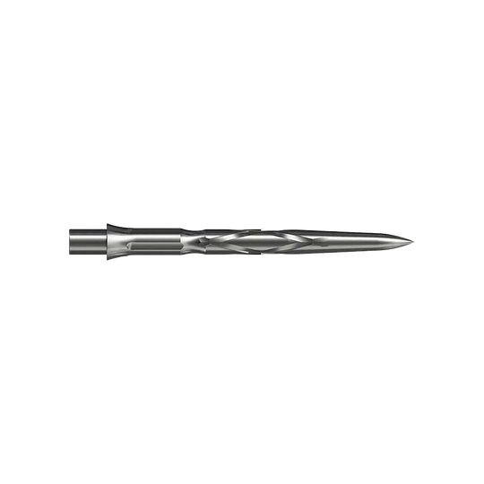 Puntas de dardos de acero Caliburn System - HAN G2 - Plata Auf dem Bild ist eine silberne Steeldartspitze mit einem spiralförmigen Muster zu sehen. Sie ist schmal und hat eine spitz zulaufende Form.