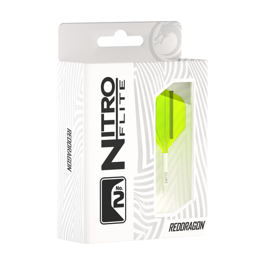 Red Dragon Nitroflite - Eje blanco, plumas amarillas nº 2 Die Abbildung zeigt eine Verpackung des Produkts "Red Dragon Nitroflite - White Shaft Yellow No2 Flights". In der Schachtel ist ein gelber Dart-Flügel mit weißem Schaft sichtbar.