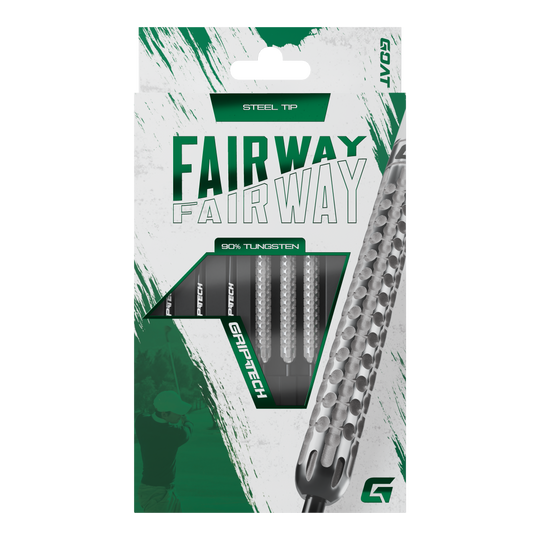 Dardos de acero de tungsteno GOAT Fairway V1 Die Abbildung zeigt eine Verpackung der GOAT Fairway V1 Tungsten Steeldarts. Die Darts haben eine Stahlspitze und bestehen zu 90% aus Tungsten.