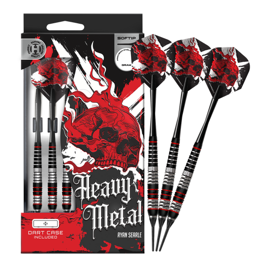Dardos blandos de latón Harrows Heavy Metal Ryan Searle Das Foto zeigt die Harrows Heavy Metal Ryan Searle Brass Softdarts in voller Länge. Die Darts sind komplett abgebildet und liegen nebeneinander.