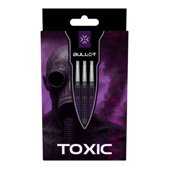 Das Bild zeigt drei Bullet Toxic Brass Steeldarts - 23g. Sie sind aus Messing gefertigt und wiegen jeweils 23 Gramm.