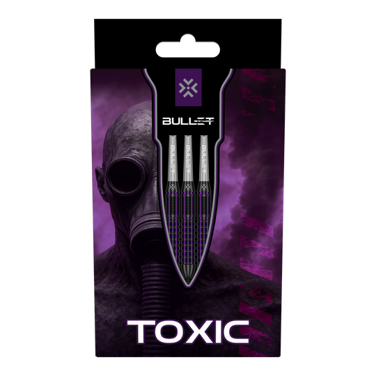 Dardos de acero y latón Bullet Toxic - 23 g Das Bild zeigt drei Bullet Toxic Brass Steeldarts - 23g. Sie sind aus Messing gefertigt und wiegen jeweils 23 Gramm.