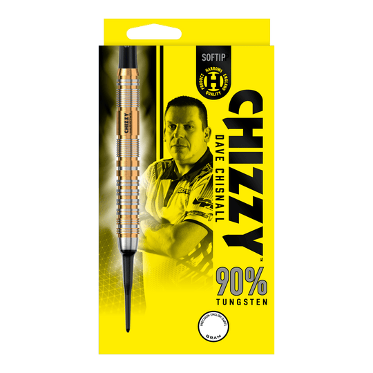 Dardos blandos Harrow's Dave Chisnall Chizzy Serie 2 Die Verpackung zeigt die "Harrows Dave Chisnall Chizzy Series 2 Softdarts" mit einem Bild von Dave Chisnall. Auf der gelben Schachtel steht, dass die Darts aus 90% Tungsten bestehen.