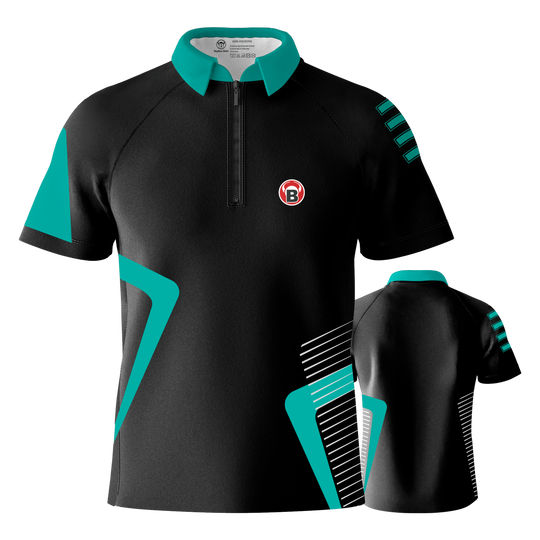 Camiseta de dardos del equipo Bulls - Menta Das Bild zeigt das Bulls Team Dartshirt in der Farbe Mint. Das Shirt ist überwiegend schwarz mit mintfarbenen Akzenten und einem kleinen Logo auf der Brust.