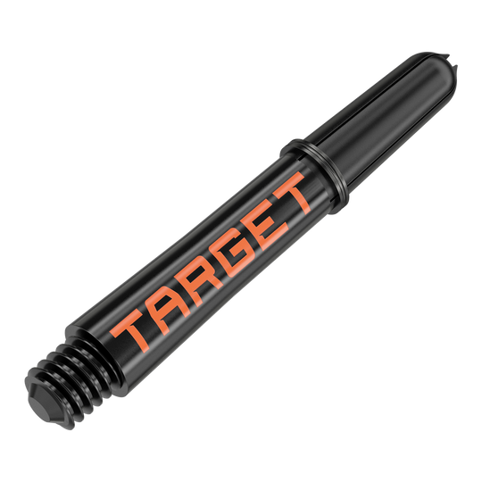Varillas Target Pro Grip TAG - 3 juegos - Negro Naranja Das Bild zeigt einen schwarzen Dart-Schaft mit orangener Aufschrift "TARGET". Er hat ein Schraubgewinde an einem Ende und ist 34 mm lang.