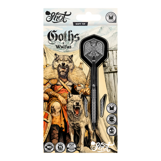 Dardos blandos Shot Goths Wulfaz - 20 g Auf dem Bild sind die Shot Goths Wulfaz Softdarts mit 20g Gewicht zu sehen. Das moderne Design sorgt für ein optimales Dartspiel.