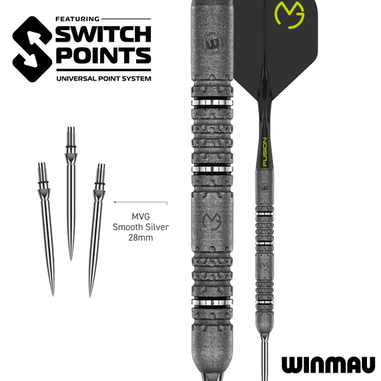 Zu sehen sind die Winmau MvG Signature Edition Switch Points Steeldarts. Sie eignen sich ideal für ambitionierte Dartspieler.