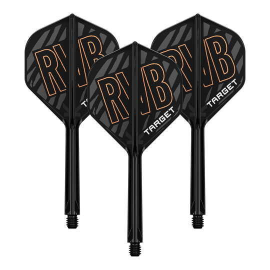 Target K-Flex Raymond Van Barneveld No2 Sistema de eje de vuelo estándar Das Bild zeigt drei schwarze Dartflights mit integrierter Schaftsystem. Auf den Flights steht in großen Buchstaben "RVB" und darunter "TARGET".