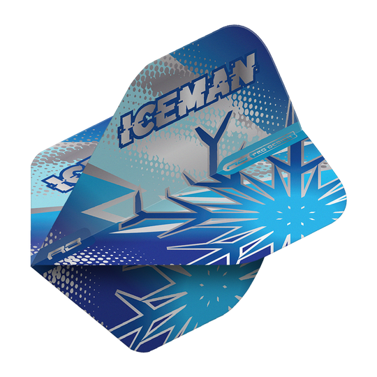 Red Dragon Gerwyn Price Blue Flake No2 Vuelos Estándar Das Bild zeigt die Dartflights „Red Dragon Gerwyn Price Blue Flake No2 Standard Flights“ in Blau mit Eiskristall-Design. Auf den Flights steht groß das Wort „ICEMAN“.