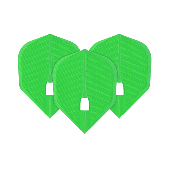 Das Bild zeigt drei grüne Dartflights in einer speziellen Form mit Dimple-Struktur. Es handelt sich um das Produkt "L-Style Flights Dimple Champagne L3PRO Shape".