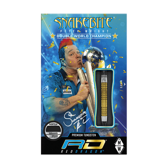 Dardos blandos Red Dragon Peter Wright, doble campeón mundial SE Gold Plus - 20 g Das Bild zeigt die Verpackung der "Red Dragon Peter Wright Double World Champion SE Gold Plus Softdarts - 20g". Auf der Verpackung ist ein Bild von Peter Wright mit Pokal und einem goldfarbenen Dart abgebildet.