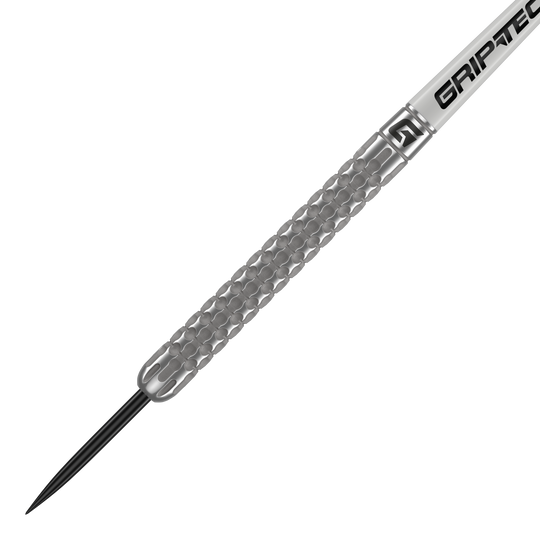 Dardos de acero de tungsteno GOAT Fairway V1 Das Bild zeigt einen GOAT Fairway V1 Tungsten Steeldart. Der Dart hat eine silberne, strukturierte Oberfläche und eine schwarze Spitze.