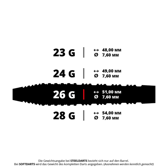 Gezeigt wird ein Shot Alchemy Runstel Steeldart mit einem Gewicht von 26 Gramm. Dieser Dartpfeil ist optimal für Steeldart geeignet.