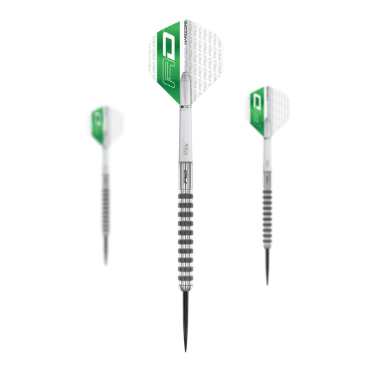 Dardos de acero Red Dragon Javelin Speedline Das Bild zeigt drei Steeldarts des Produkts "Red Dragon Javelin Speedline". Die Darts haben silberne Spitzen und grün-weiße Flights mit dem RD-Logo.