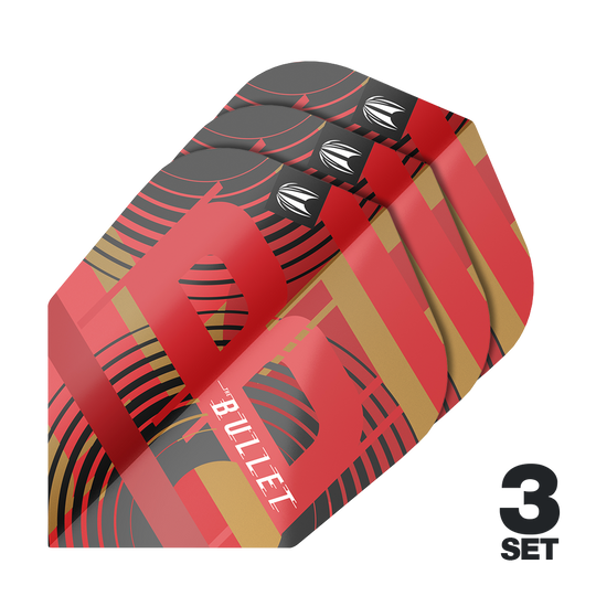Plumas Target Pro Ultra Stephen Bunting GEN5 No6 - 3 juegos Das Bild zeigt drei Sätze der Target Pro Ultra Stephen Bunting GEN5 No6 Flights. Die Flights sind rot, schwarz und gold gefärbt und tragen das Wort "BULLET".