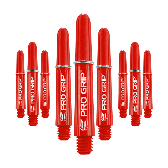 Das Bild zeigt neun rote Dart-Schäfte mit der Aufschrift "PRO GRIP". Sie sind in drei Gruppen angeordnet und haben ein auffälliges, glänzendes Design.