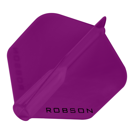 Plumas Robson Plus - Estándar Das Bild zeigt ein violettes Dartflight mit sechseckiger Form. Auf dem Flight steht das Wort "ROBSON" in schwarzen Buchstaben.