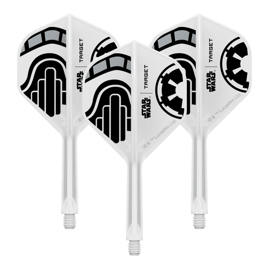 Abgebildet ist ein Set von Dart-Flights der Star Wars KFlex Stormtrooper No2 Standard Serie. Die Flights sind für den Intermediate-Bereich und haben eine Länge von 26 mm.
