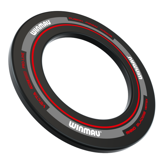 Marco para diana Winmau Advance - Negro Rojo Das Bild zeigt einen Winmau Advance Dartboard Surround in Schwarz und Rot. Der Surround ist rund und hat weiße und rote Schriftzüge.