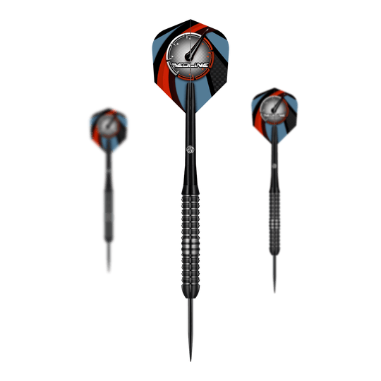 Dardos de acero Shot Redline Blazed Das Bild zeigt drei Steeldarts des Produkts "Shot Redline Blazed". Die Flights sind mit einem schwarz-roten und blauen Muster sowie dem Redline-Logo gestaltet.